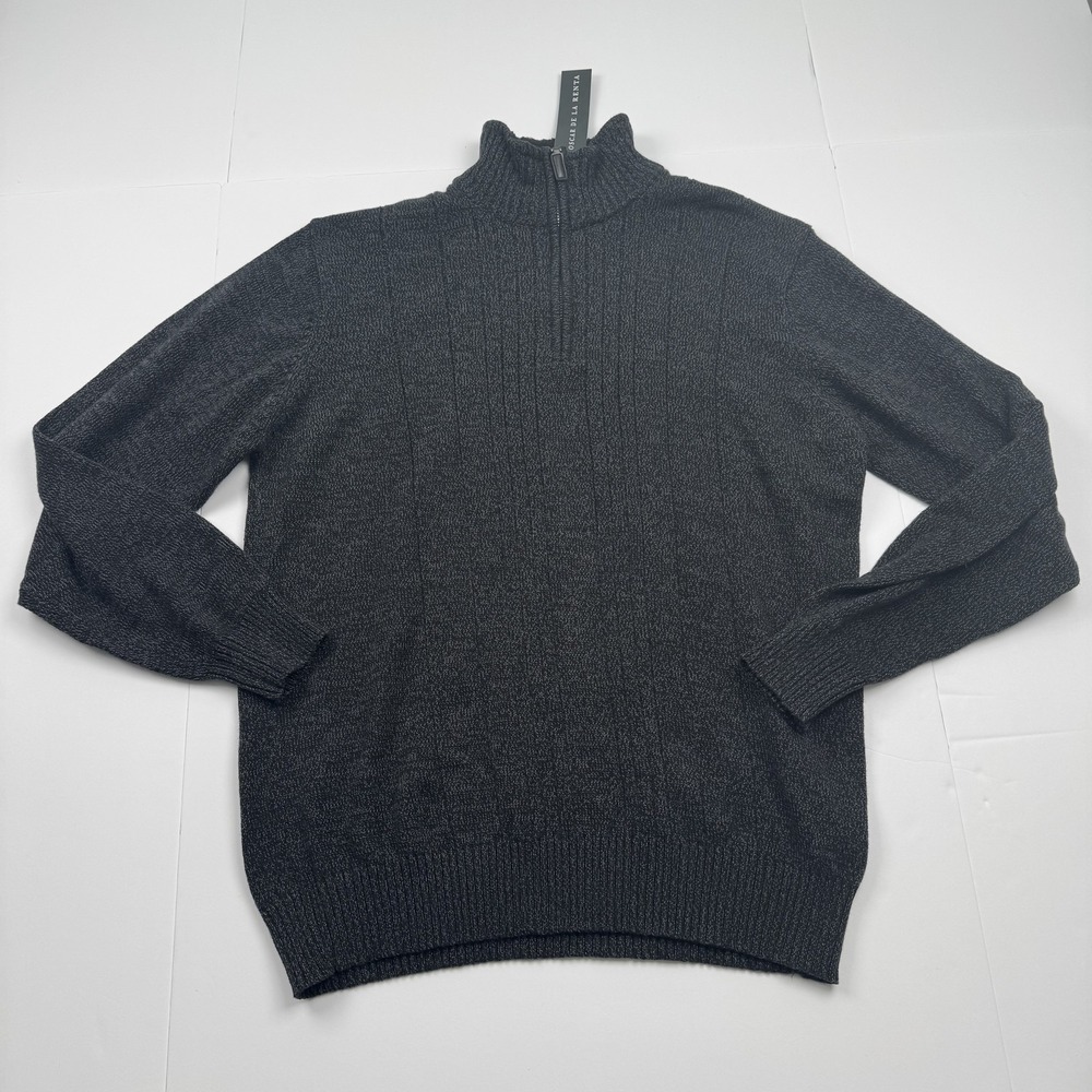 Oscar De La Renta Mens Large Gray Half Zip Mock Neck Pullover Sweater Knit Lined